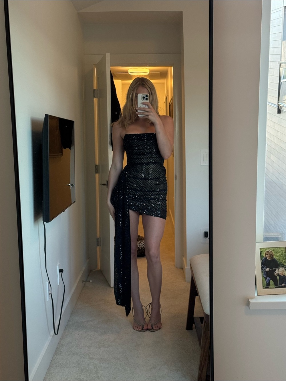 Fashion Nova Black Sequin Strapless Mini Dress with Draped Sash